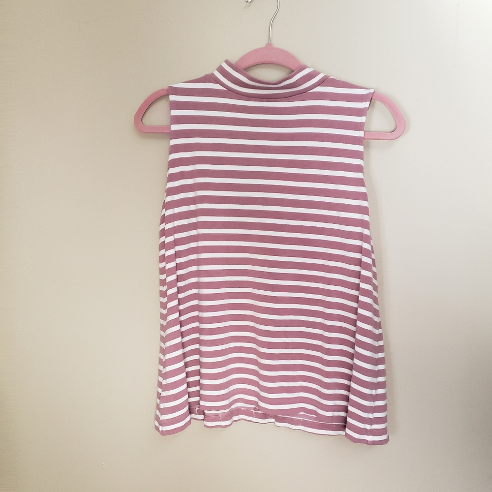 L Pink/White Striped Turtleneck Tank Top
